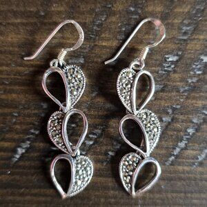 925 Silver Marcasite Dangle Drop Heart Earrings Romantic Gift Elegant Dainty